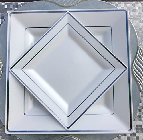 Square White Disposable/Reusable Plastic Plates With Silver Rim 50 Pack-25-9.5'' Dinner + 25-6.5" Dessert/Salad for Wedding Anniversary Christening all Events and Parties (50, White)