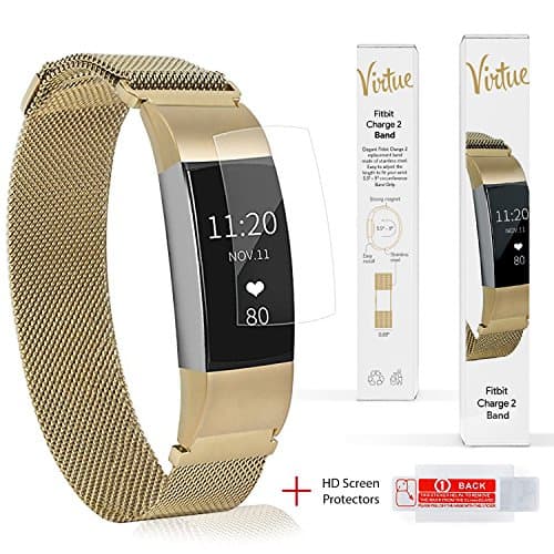 Virtue Fitbit Charge 2 Bands Gold Milanese Loop Stainless Steel Metal Bracelet Strap Wristbands Accessories for Fitbit Charge 2 HR Fitness Tracker Large Small + Fitbit Charge 2 Screen Protector