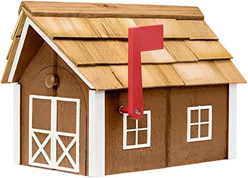 Amish-Made Deluxe Post Mount Wooden Mailbox with Cedar Shingles (Chestnut with White Trim)