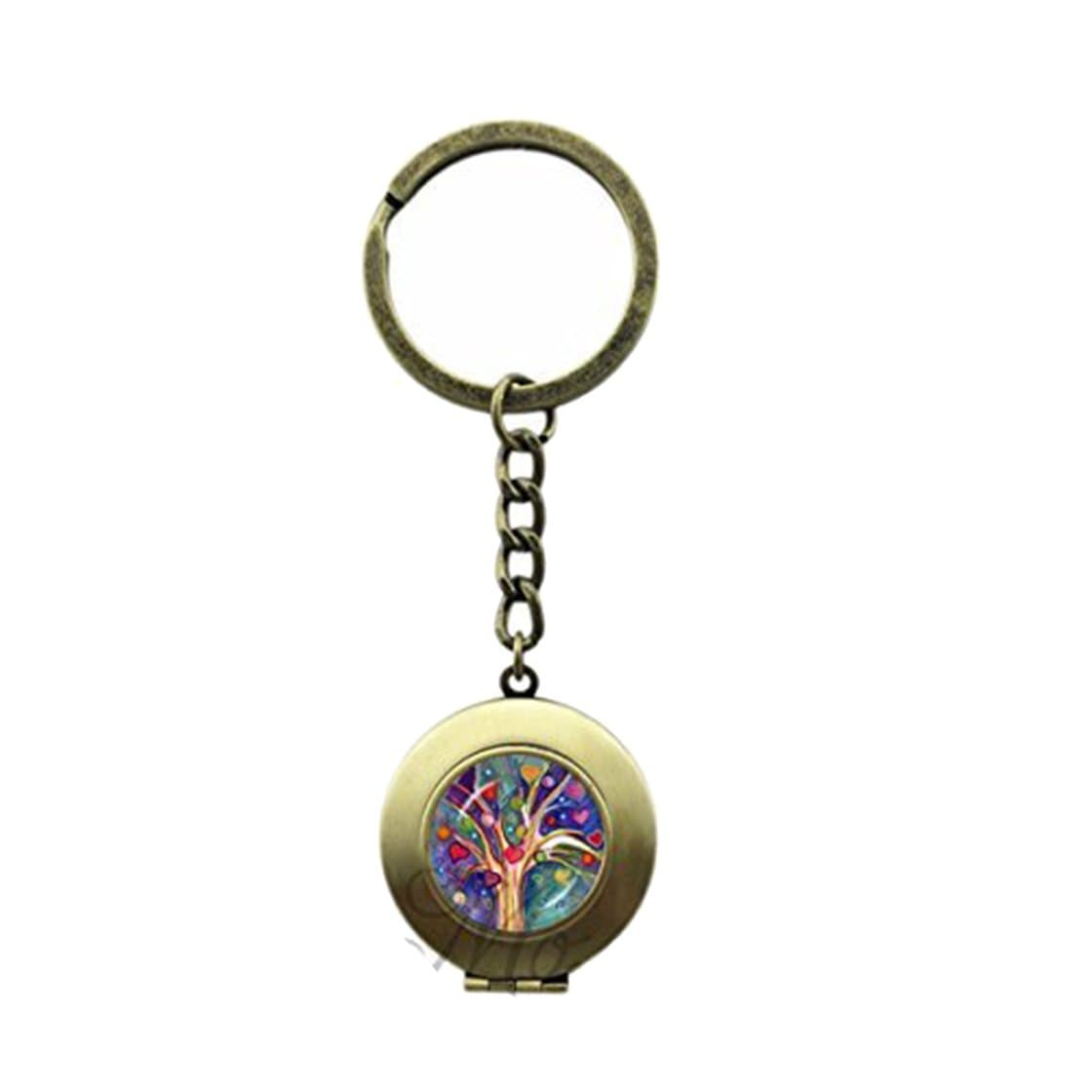 Glass Locket Pendant Rainbow Heart Tree Key Chain Ring Multi-colored Tree Key Chains