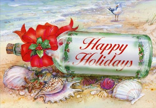 Red Farm Studios Designer Greetings Boxed Christmas Cards, Message in a Bottle on Beach with Seashells (Box of 18 Nautical/Coastal Holiday Cards with White Envelopes),125-00842-000