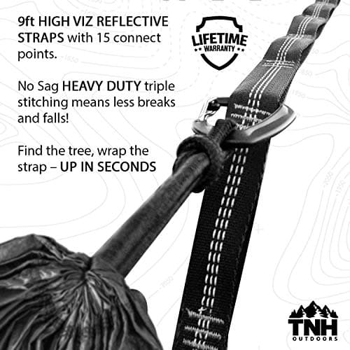 TNH Outdoors Rakaia Designs Camping Hammock Tree Straps with Lumin Stitch Technology & High VIZ. Adjustable, Portable and Lightweight 9 ft Heavy Duty XL Hammock Straps to Enhance Your Hangout.
