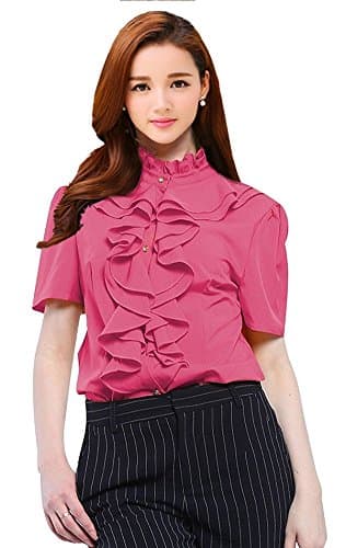 Womens Short Sleeve Ruffle High Neck Pleated Button Down Blouse Tops Shirts Rose 2XL