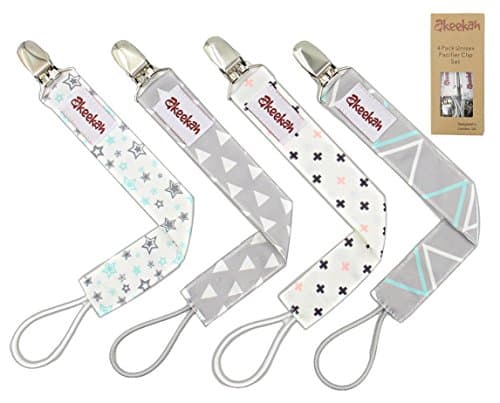 FLASH SALE | Pacifier Clip 4 Pack by Akeekah Unique 2 Sided Modern Unisex Design Pacifier Holder for Boy and Girl Binky Leash with Plastic Clip Washable Perfect Baby Shower Gift