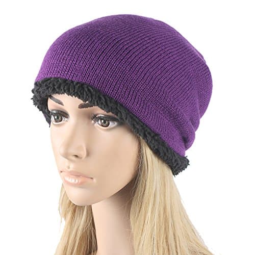 ALLMILL Unisex Thick Slouchy Knit Caps Fall/Winter Skull Hat Soft Fleece Lined Beanies (Purple)