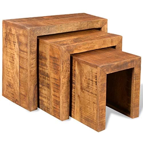 HELLOLAND Set of 3 Wood Nesting Tables Stackable Coffee End Table Set Living Room Sofa Snack Tables Space Saving Home Furniture (Solid Mango Wood)