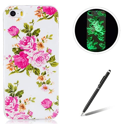 for iPhone 5/5S/SE Case Luminous Effect Back Cover Noctilucent Green Soft Slim TPU Gel Bumper Cartoon Cute Pink Rose Flower