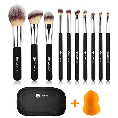 Makeup Brushes,L COSMETIC 10 Piece Makeup Brushes Set Premium Synthetic Bristle Eyeshadow Powder Cosmetic Brushes With Case & 1 Piece Makeup Sponge (Black Silver)