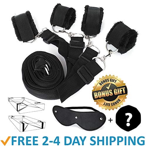FriskyNite™ Premium Bed Restraints System Kit Medical Grade Restraint Strap with Soft Furry Comfortable Wrist and Ankle Straps (Black33)