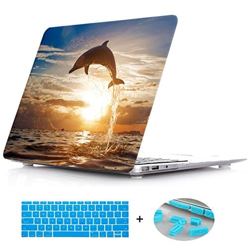 Sunset Ocean Image Rubberized Clear Laptop case + Keyboard Skin + Dust Plug for MacBook Pro 13 with Reitna Display (Models:A1425/A1502) - Leap Dolphin
