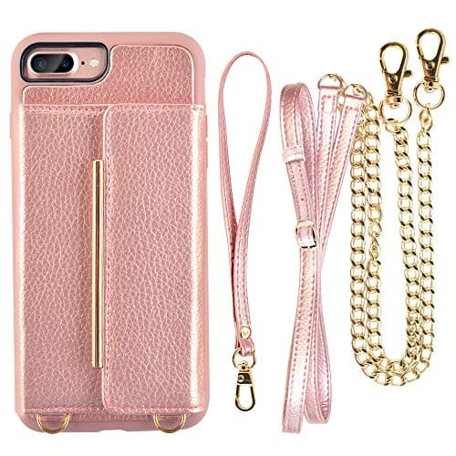 iPhone 7 Plus Card Holder Case with Strap and Crossbody Strap, CUSTYPE Shockproof iPhone 7 Plus Wallet Case with Chain, Mini Crossbody Bag iPhone 8 Plus Case with Card Holder for Women - Rose Gold
