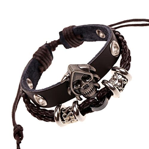 On The Journey Punk Skull Pirate captain Adjustable Braided Leather Wrap Bracelet Brown