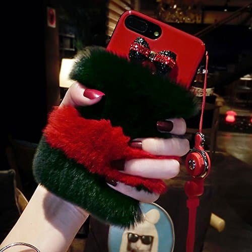Punassi Luxury Winter Soft Warm Faux Rabbit Fur Protective Back Cover with Neck Strap Iphone Case for Girls Xmas Gift (iphone 6/6s(plus), Red&amp;Green)