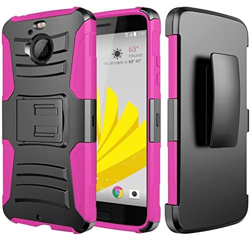 HTC Bolt Case, JATEN [Belt Clip] Rugged Hybrid Dual Layer Kickstand Holster Combo + Tempered Glass Screen Protector and Stylus Pen (Black/Pink)