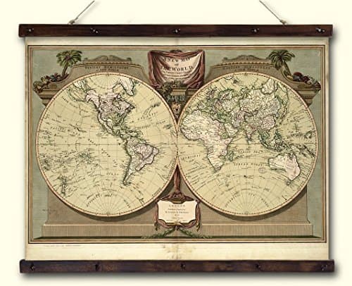 Old Historical Map Print on Canvas, Map of the World Canvas Wall Decor with Wooden Slats, Aged Canvas Map Print, Pull down World Map. Size: 27,6x20,1 in (70x51 cm.)