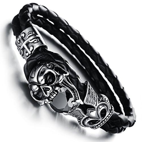 Punk Rock Skull Crystal Double Layer Handmade Leather Weaved Man Bracelets Fashion Wristband Stainless Steel Bracelet (20)