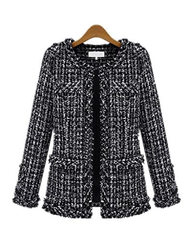 xiaoming Women's Elegent Long Sleeve Collarless Bomber Tweed Jacket Coat Black