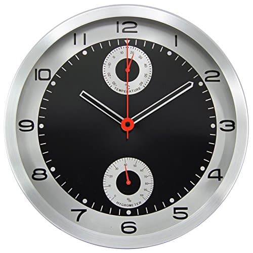 12" Aluminum Modern Contemporary Wall Clock with Vertical Multi Dial Thermometer and Hygrometer