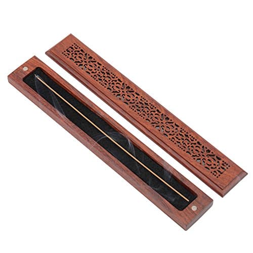 Incense Stick Holder and Equipped with Fireproof Cotton for Burning Out Safely, Redwood Handmade, Design Magnet Switch and Cover Carved Pattern, Size:9.53x1.38x0.87 Inches (Flowers Models)