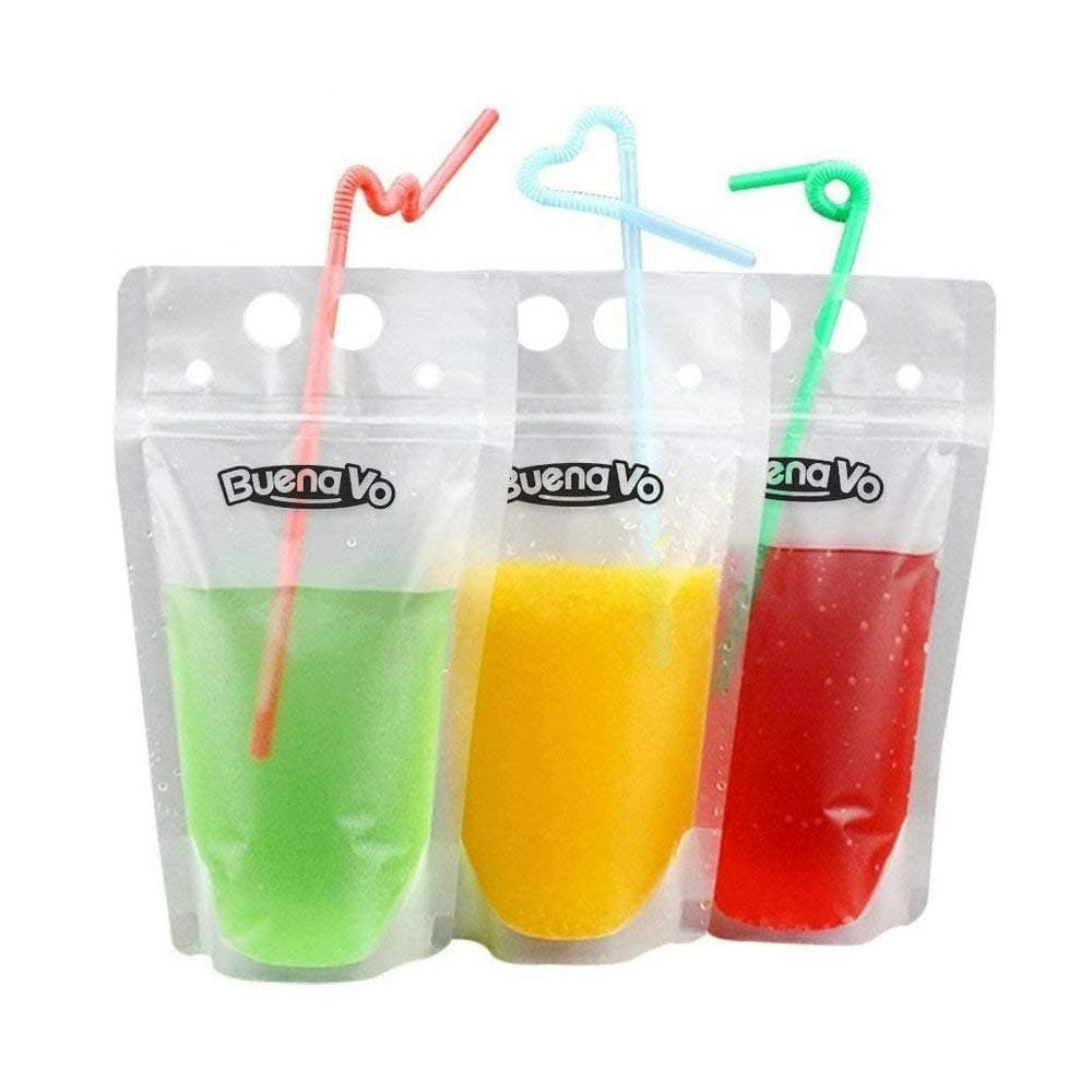 [100 PACK] Disposal Plastic 17oz Juice Drinking Pouches bags with 100 Straws