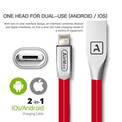 AirMoo 2-in-1 Lightning and Micro USB Cable, Premium Durable Sync and Fast Charging Cable Cord for Apple iPhone 7 / 7 Plus / 6S / 6S Plus / 6 / 6 Plus, iPad,Samsung, Android Phone (Rose Red)