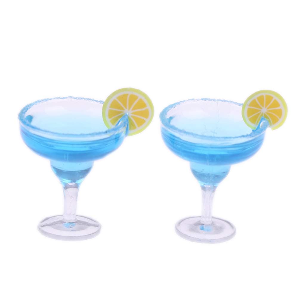 2 Pcs 1:12 Dollhouse Miniature Blue Cocktail Cup Simulation Drink Glass Model Toy Doll House Decoration