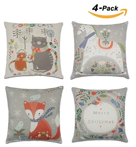 Sets of 4 Throw Pillow Case Covers Decorative with Zipper 18"x 18" Cute Animal's Christmas Cotton Linen Suquare Cushion Covers