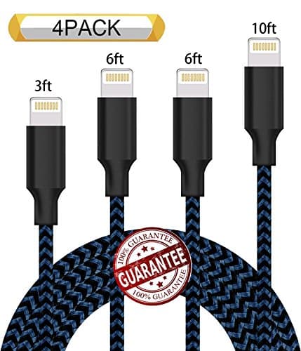 Zcen Lightning Cable 4Pack 3FT 6FT 6FT 10FT Nylon Braided Certified iPhone Cable USB Cord Charging Charger for iPhone X,8, 7, 7 Plus, 6, 6s, 6+, 5, 5c, 5s, SE, iPad, iPod, iPod Touch Black Blue