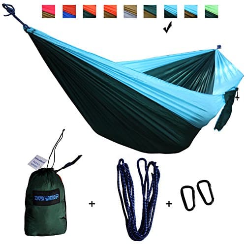 Xiyoyo Camping Hammock Parachute Nylon Single Hammock with Tree Straps&Carabiners 441lb Capacity 108x 55 inch Garden Easy Hanging Gear For Backpacking Survival, Travel (Sky Blue/Dark Green)