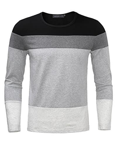 HEMOON Men's Basic Knit Crewneck Color Block Long Sleeve T-Shirt Top Black L