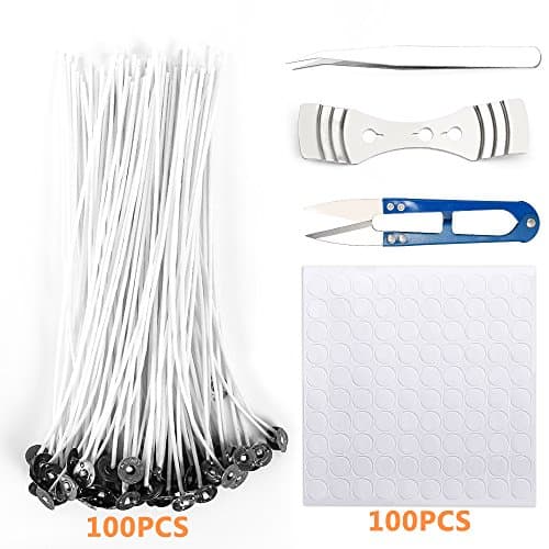Candle Wicks,100 Piece 8" Cotton Wicks with 100 pcs Candle Wick Stickers, 1 Candle Wick Centering Device, 1 Trimmer, 1 Metal Tweezers, for Candle Making and Soy Wax