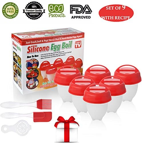 Egg Cooker Hard &amp; Soft Maker Set BPA Free, Non Stick Silicone Egg Poacher, Boiler and Steamer with Silicone Pastry Brush,Spatula and Egg Separator, Kitchen Cooking Tools (Red)