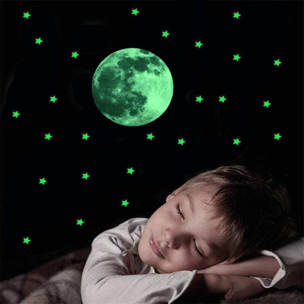 Glow in the Dark 12 cm Full Moon Wall Set of 100 small Meniscus & Large Moon, Long Lasting, Realistic and Bright Glow: Perfect Gift, Room Decor, Decoration and Wall Sticker