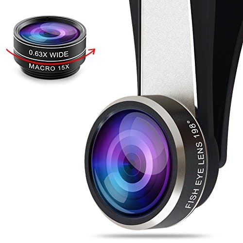 3 in 1 Cell Phone Camera Lens Kit-198 Degree Super Fish Eye + 0.63X Wide Angle + 15X Macro Lenses + Universal Clip for Apple iPhone 6S/6/5S/iPad/Android and Other Smartphones (Silver)