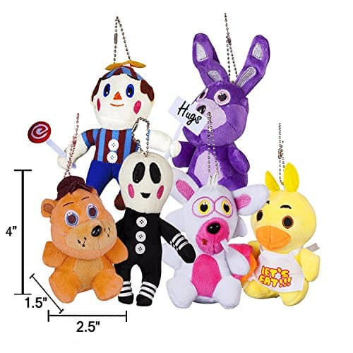 Five Nights At Freddy's Style 6 Piece Stuffed Keychain Set, Fazbear Bonnie Mangle Chica Balloon Boy. Free Gift - a Silver Necklaces