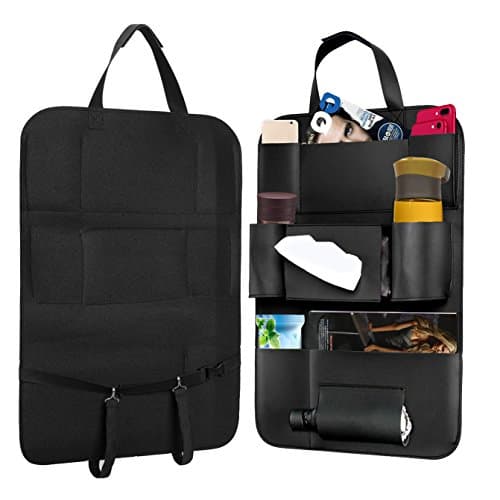 Carmoni Seat Back Car Organizer Pu Leather Seat Back Kick Protectors for Kids, Storage Bottles, Tissue Box, Toys - Black