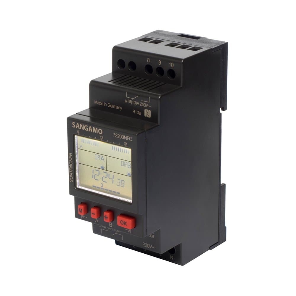 Sangamo 72203NFC Contactless Astro/Solar 2 Module/2 Channel/7 Day Digital DIN Rail Time Switch, 3680 W, 230 V, Black/Red