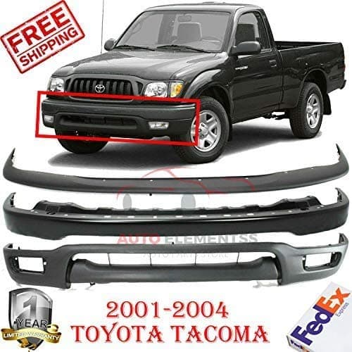 New Front Bumper Face Bar Paintable + Upper Filler Cover + Lower Valance Primed For 2001-2004 Toyota Tacoma 4WD Direct Replacement 52101AD900 52119AD010 53901AD030