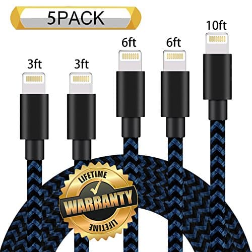 GUIGUI iPhone Charger 5Pack 3FT 3FT 6FT 6FT 10FT, Extra Long Nylon Braided Charging Cord Lightning Cable to USB Charger for iPhone X, 8, 7, 7 Plus, 6S, 6, SE, 5S, 5, iPad, iPod Nano 7 (Black Blue)