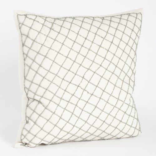 Hand Beaded Diamond Design Decorative Throw Pillow, Down Filler Included, 18-inch Square (Pewter)