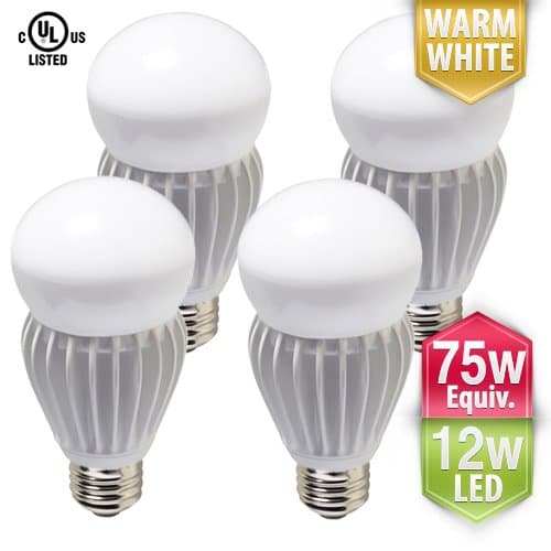 [4-Pack] PacLights 60w to 75w equivalent 12-watt LED Omnidirectional Dimmable Light Bulb Omni60, Soft / Warm White, 900 lumens, E26 Medium Base Standard A19, UL Listed
