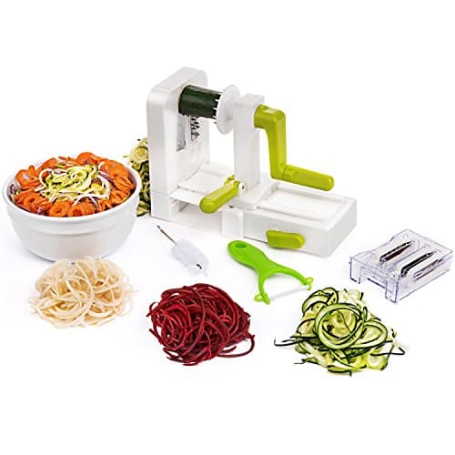 Tesori Kitchen Spiralizer, 5 Blades, Foldable Design – Free Bonus! Comes with Peeler and Cleaning Brush, Vegetable Spiral Slicer, Veggie Pasta, Spaghetti &amp; Zucchini Noodle Maker