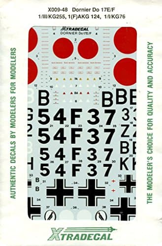 Xtradecal 1:48 Dornier Do-17 E/F 1/III/KG 1 AKG 124 1/I/KG76 #X009-48