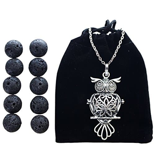 New The Wisdom Essential Oil Diffuser, Aromatherapy Necklace, Pendant kit w 10 Black Essential Oil Lava Beads | Great for Young Living, Now, Doter, Doterra Oil | 28" Chain |Antique Silver Finish