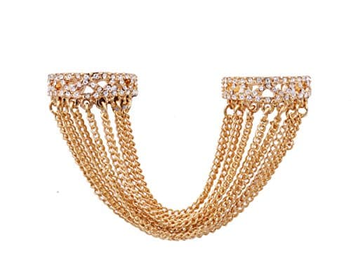 Small Island 18ct Gold Plated Linked Double Ring with Long Beautiful Tassel Chains 1.7cm - Funky Modern and Pretty Jewellery - in Organza Bag.