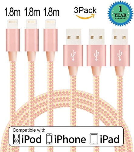 Anbso 3Pack 1.8M Lightning to USB Cable Charger with 8-Pin Connector Compatible with iPhone 6/ 6 Plus/ 6s/ 6s Plus /5/5s/5c/iPad/iPod and More (Rose gold & gold)