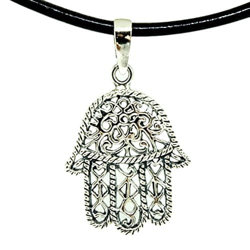 925 Sterling Silver HAMSA HAND Pendant + Black Shiny Leather 18-20 Inch 1.5mm. Necklace Lobster Clap Lock