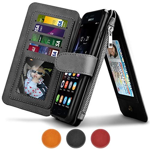 Samsung Galaxy J7 V / J7 Perx / J7 Sky Pro / J7 Prime / J7 2017 / Galaxy Halo Case, Tiflook Premium Leather [Detachable Wallet] Zipper Pocket Credit Card Holder Flip Folio [Stand View] Cover -Black