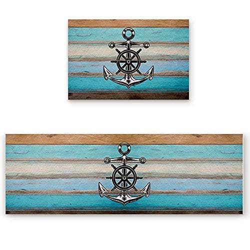 YGUII Kitchen Rugs and Runner Set 2 Pieces Non Skid Washable Indoor Entrance Doormat Floor Mat Carpet for Kitchen/Bedroom/Washroom,Nautical Anchor (16X23.6in (40x60cm) and 16X47in (40x120cm) inches)