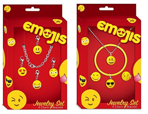 Emojis Jewelry Sets (2 &amp; 3 Packs) with Interchangeable Charm Bracelets, Rings, and Pendants Perfect for Holiday Gifts (Set: Smiley, Sunglasses, Kiss, Tongue + 4 Charm Bracelet- Smiley, Heart Eyes, Laughing, Shocked)